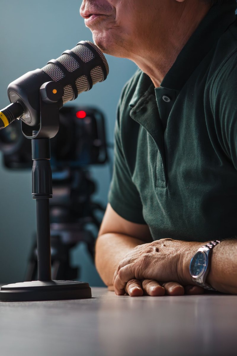Close-up of a microphone and camera set up for an interview